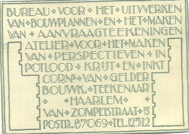 Visitekaartje van Cornelis van Gelder als bouwkundig tekenaar
              <br/>
              website Librariana, onbekend