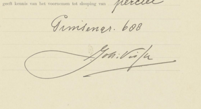 De handtekening van Visser op de vergunningsaanvraag voor Prinsengracht 688 te Amsterdam.
              <br/>
              Stadsarchief Amsterdam, 1919