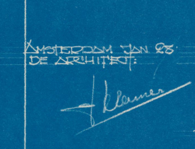 Handtekening op het ontwerp voor de winkelpui van Holtkamp.
              <br/>
              Stadsarchief Amsterdam, 1928