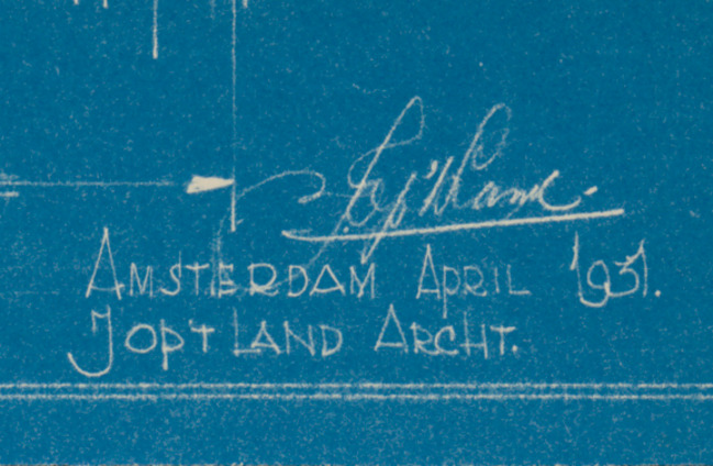 Handtekening op een bouwtekening.
              <br/>
              Stadsarchief Amsterdam, 1931
