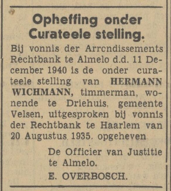 Mededeling.
              <br/>
              Twentsch dagblad Tubantia,  31 december 1940
