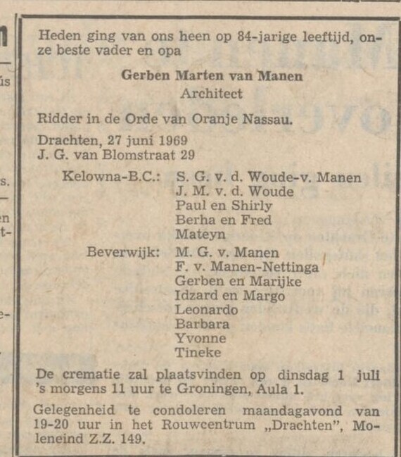 Overlijdensbericht
              <br/>
              Friese Koerier, 28 juni 1969