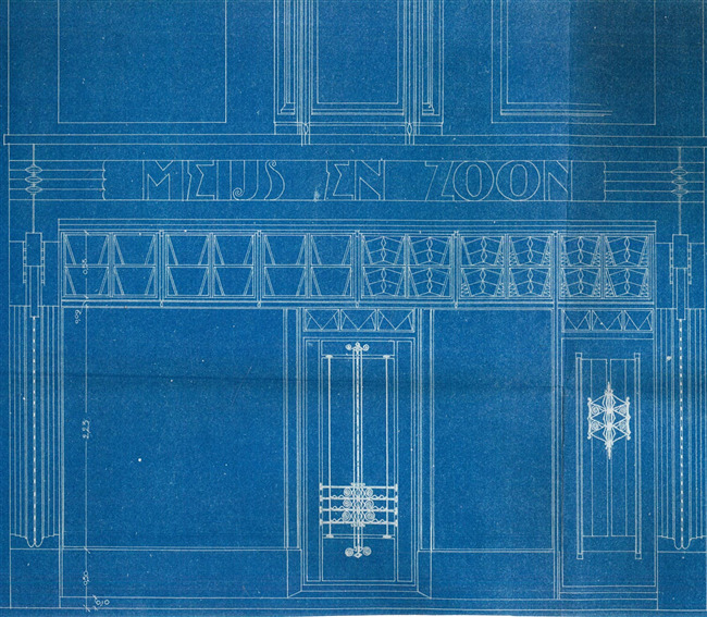 Blauwdruk van de winkelpui.
              <br/>
              Archief Peter van Dam, 1920