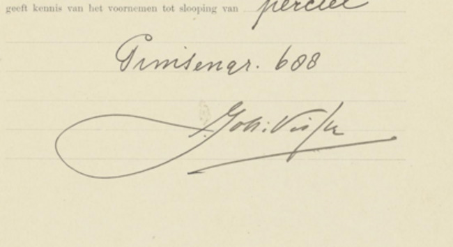De handtekening van Visser op de vergunningsaanvraag voor Prinsengracht 688 te Amsterdam.
<br/>
Stadsarchief Amsterdam, 1919