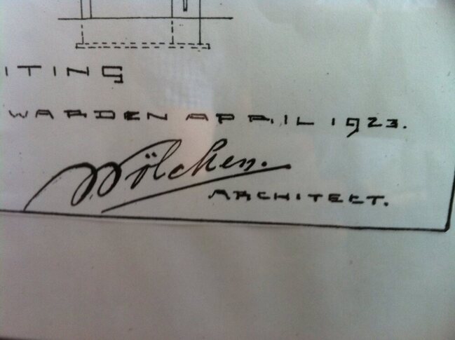 Handtekening op de bouwtekening van huis Honk.
<br/>
Hans Schuil, 2014