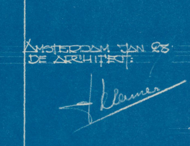 Handtekening op het ontwerp voor de winkelpui van Holtkamp.
<br/>
Stadsarchief Amsterdam, 1928