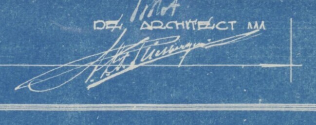 Handtekening op een bouwtekening van Banstraat Amsterdam.
              <br/>
              Stadsarchief Amsterdam, 1923