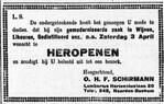Heropening van de slijterij.
<br/>
De Gooi- en Eemlander, 2 april 1926