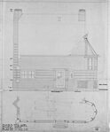 Op diverse ontwerptekeningen is een beeld van een haan bovenop de erker ingetekend.
<br/>
Tekeningenarchief van de Rijksgebouwendienst (RGD) / Nationaal Archief, 1922