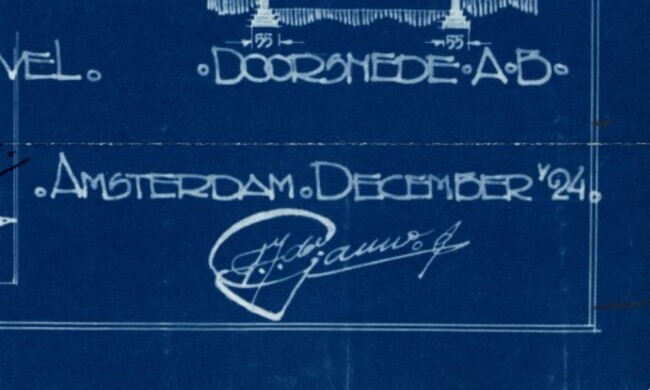 Handtekening op de bouwtekening van Lambertus Hortensiuslaan te Naarden.
<br/>
Archief Gooi en Vechtstreek, 1924