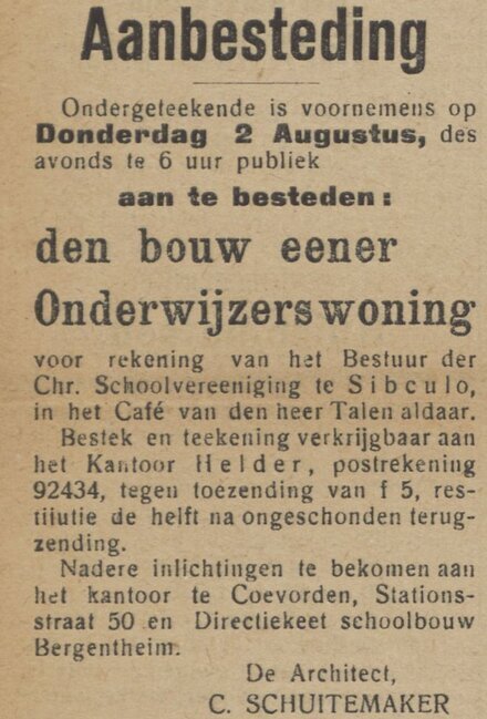 Aanbesteding in Sibculo.
<br/>
Salland's Volksblad, 2 augustus 1923