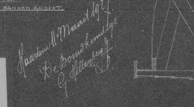 Handtekening op de bouwtekening van Iepenlaan 56, Bloemendaal.
              <br/>
              Noord-Hollands Archief, 1927