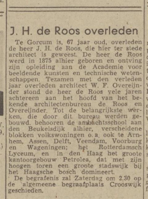Naar aanleiding van het overlijden van De Roos.
              <br/>
              Dagblad van Rotterdam, 9 april 1942