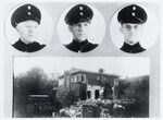 Het gebombardeerde politiebureau met afbeelding van de drie omgekomen agenten.
<br/>
Stadsarchief Amsterdam, 1943