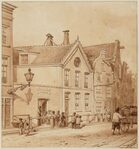 De ingang van de Sint-Vincentius Armenschool, Nieuwe Leliestraat 169, met een stoet kinderen die de school verlaat. Rechts van de poort, op nr. 171, de bijbehorende onderwijzerswoning.
<br/>
Stadsarchief Amsterdam, 1850-1860